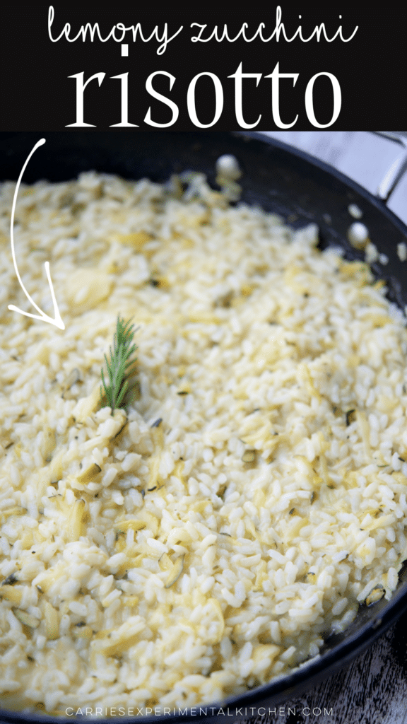 cooked risotto with zucchini and lemon in a pan