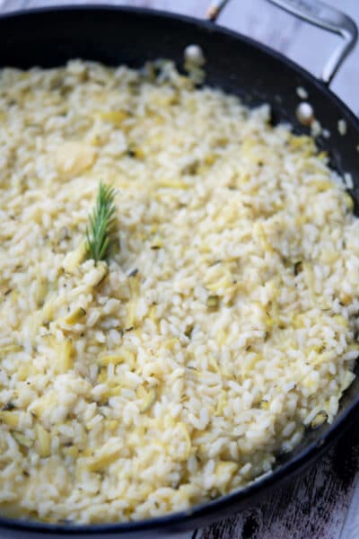 a pan of lemon zucchini risotto