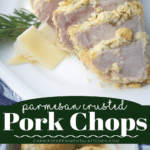 collage photo of pork chops coated with parmesan cheese