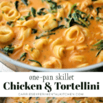 collage photo of tortellini with chicken and spinach in a pink sauce in a skillet
