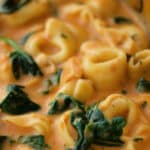 a close up of tortellini in a pink sauce with chicken and spinach in a skillet