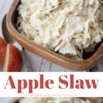 collage photo of apple slaw in a wooden bowl