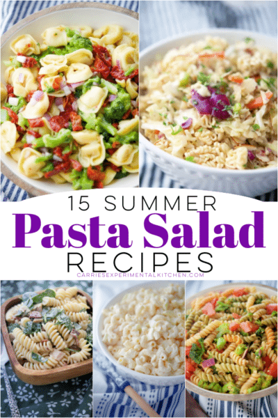 collage photo of five different pasta salad recipes