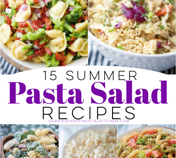 collage photo of five different pasta salad recipes