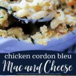 a collage photo of mac and cheese cordon bleu style
