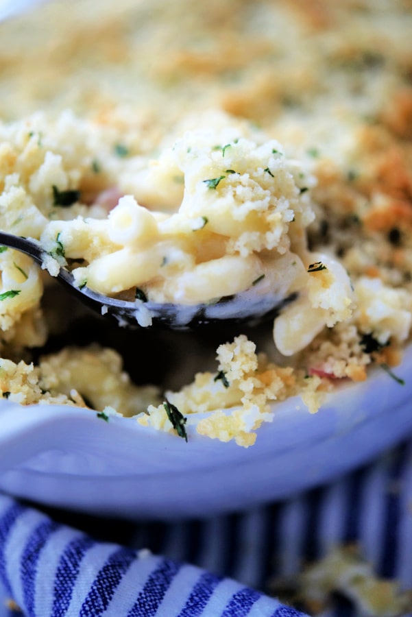 mac and cheese cordon bleu on a spoon