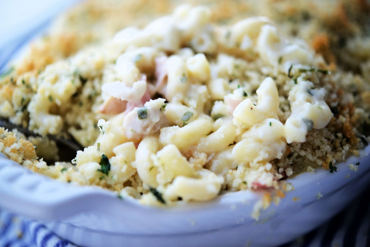 a close up of mac and cheese with chicken and ham