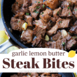collage photo of steak bites in a skillet in garlic lemon butter