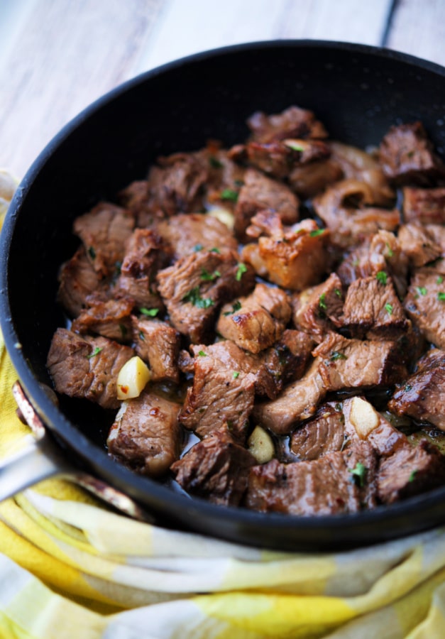 Steak bites in a skillet