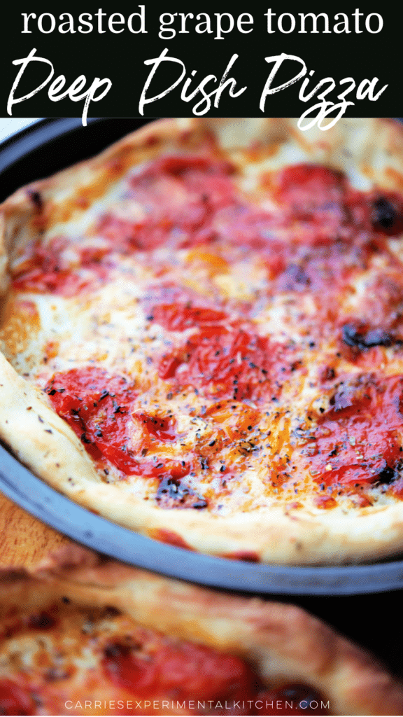 deep dish pizza with tomatoes in a pan