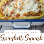a collage photo of spaghetti squash stuffed with sausage bolognese and topped with cheese