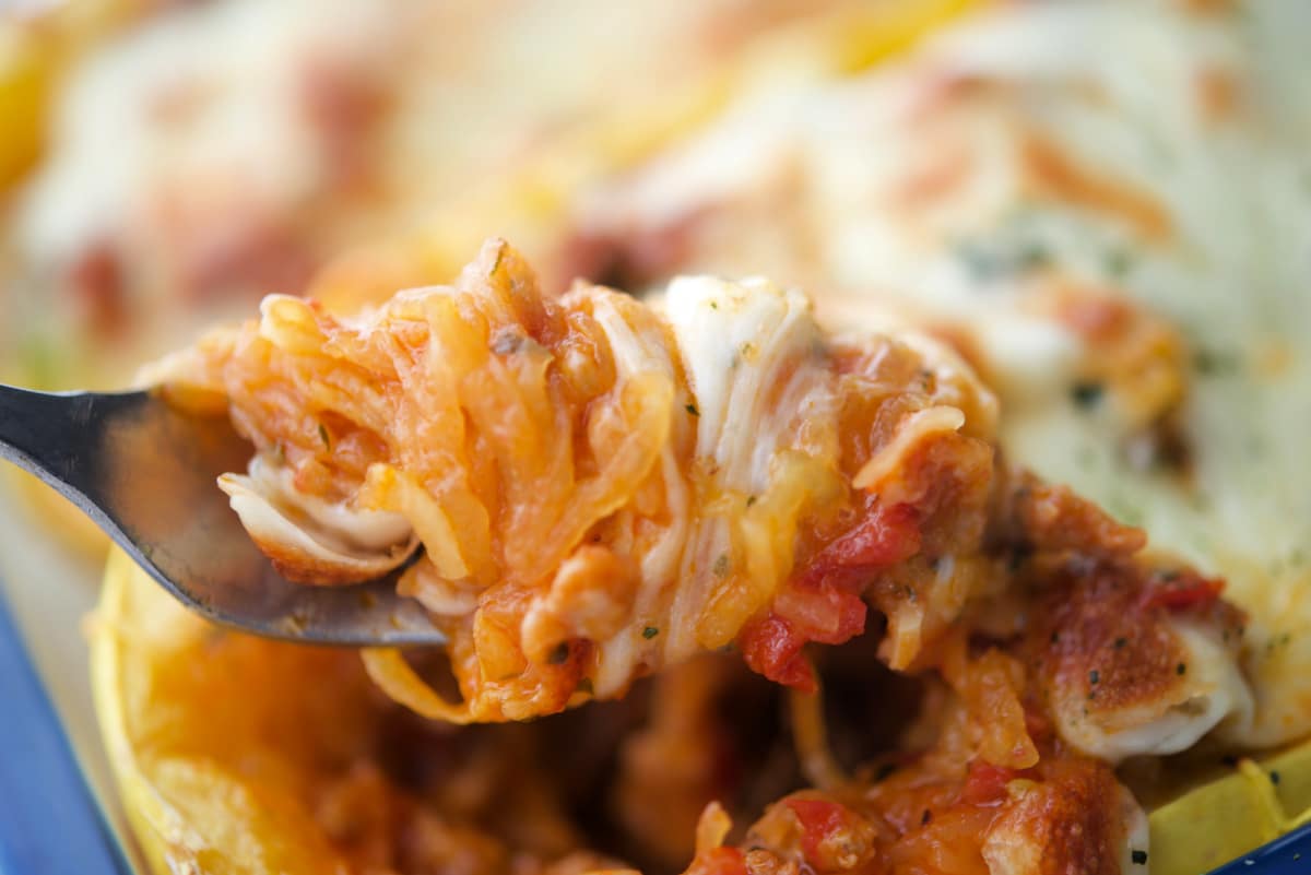 a close up of cooked spaghetti squash on a fork with sausage bolognese