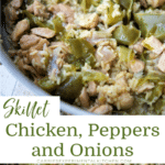 collage photo of chicken with peppers and onions in a skillet