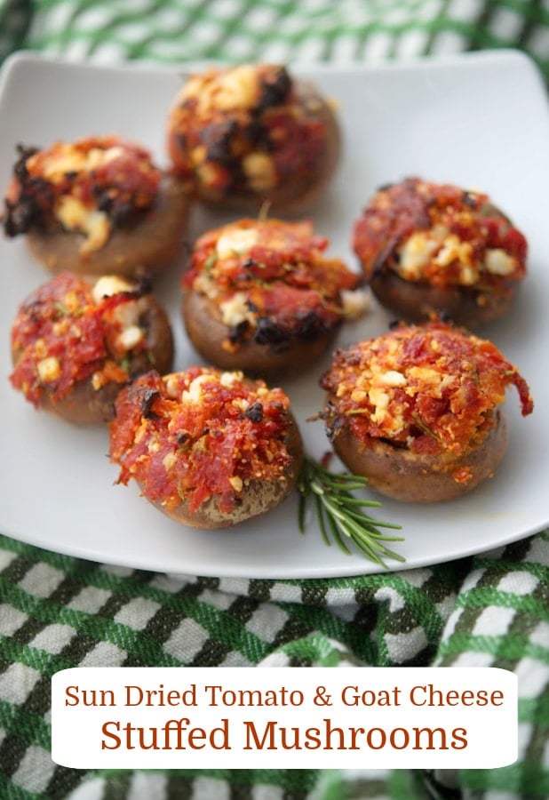 a plate of sun dried tomato stuffed mushrooms 