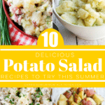 collage of potato salads in bowls-yellow frame