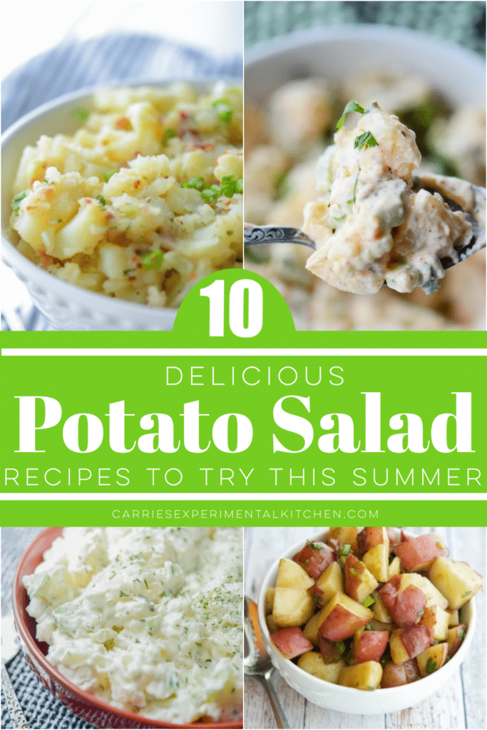 large collage photo of four potato salads in bowls