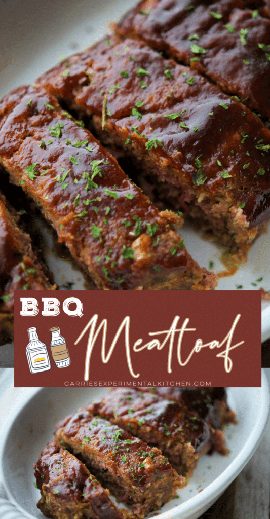 collage photo of bbq meatloaf in a white dish