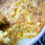 corn casserole baked in a white dish