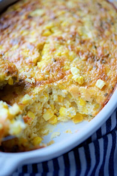 corn casserole baked in a white dish