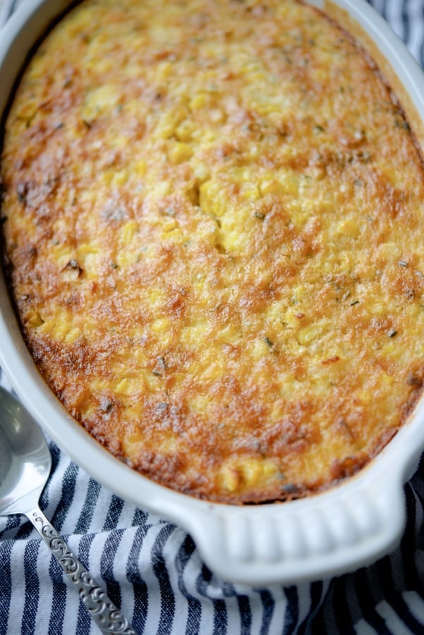 a full dish of baked corn casserole