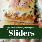 a collage photo of sliders with ground chicken and cheese on a board