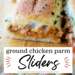 a collage photo of ground chicken parm sliders