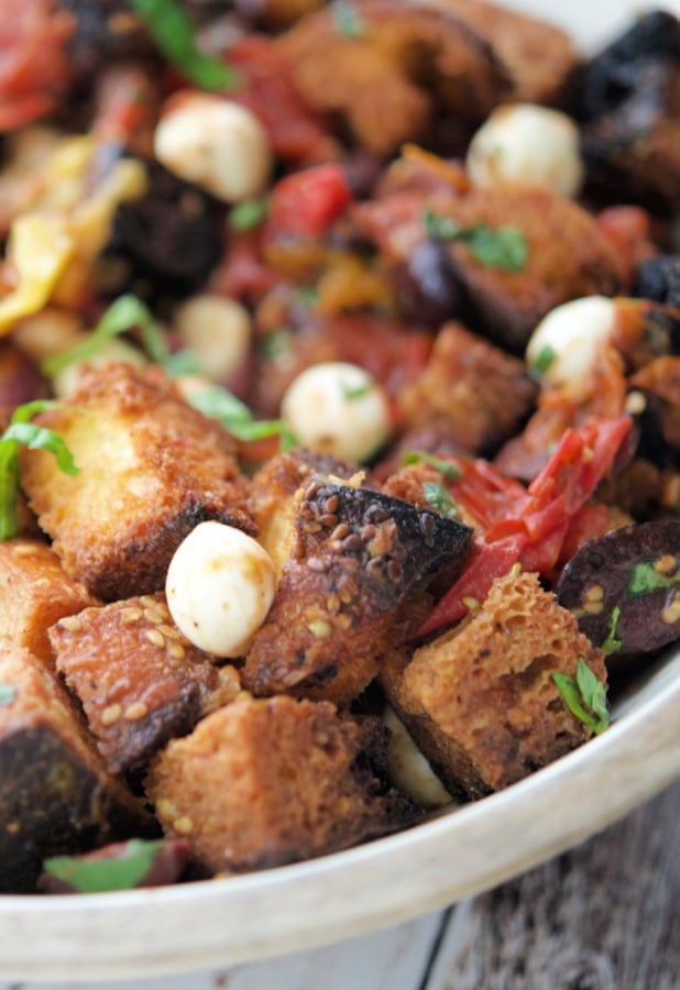 panzanella bread salad in a wooden bowl