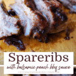 collage photo of cooked spareribs with bbq sauce on a board