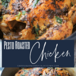 collage photo of a whole chicken with pesto