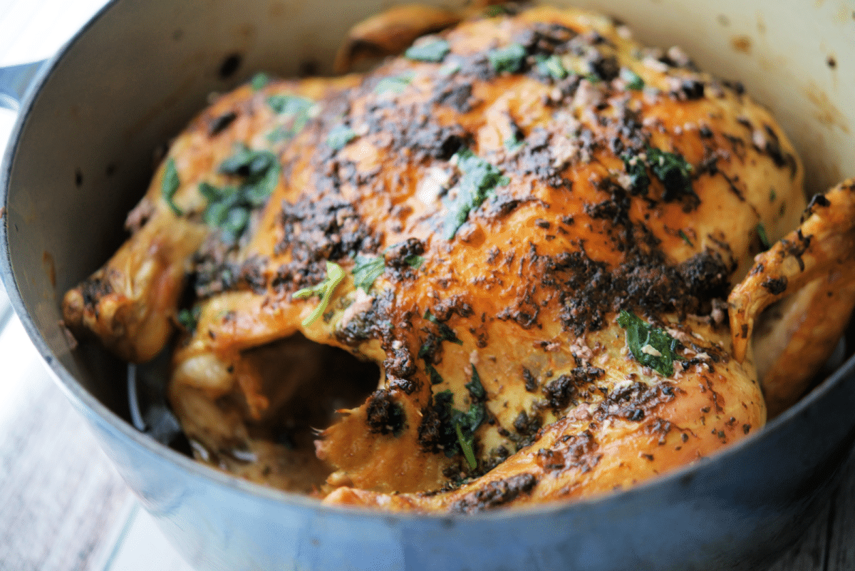 a close up of a whole chicken in a pot