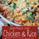 collage photo of mexican style chicken and rice in a skillet