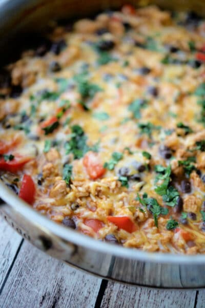 mexican style chicken and rice in a skillet