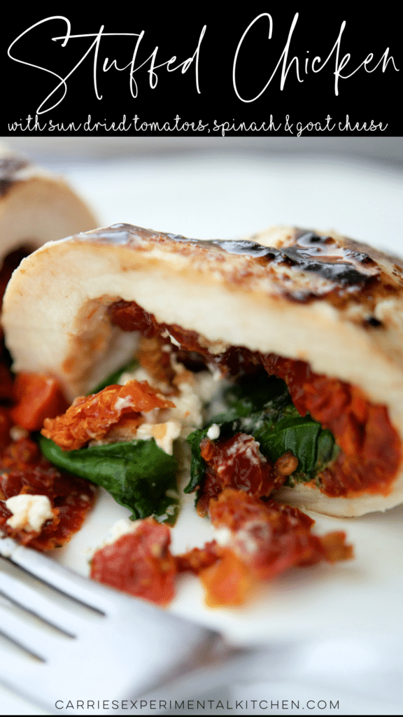 stuffed chicken cut in half with sun dried tomatoes, spinach and goat cheese