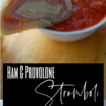 collage photo of ham and provolone cheese stromboli
