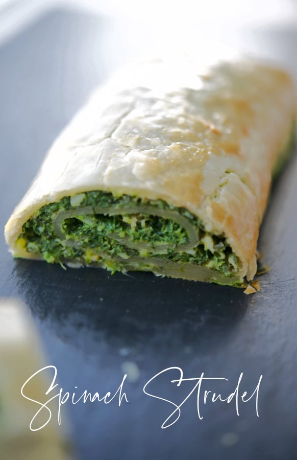 spinach strudel on a slate plate