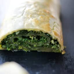 a close up of spinach strudel