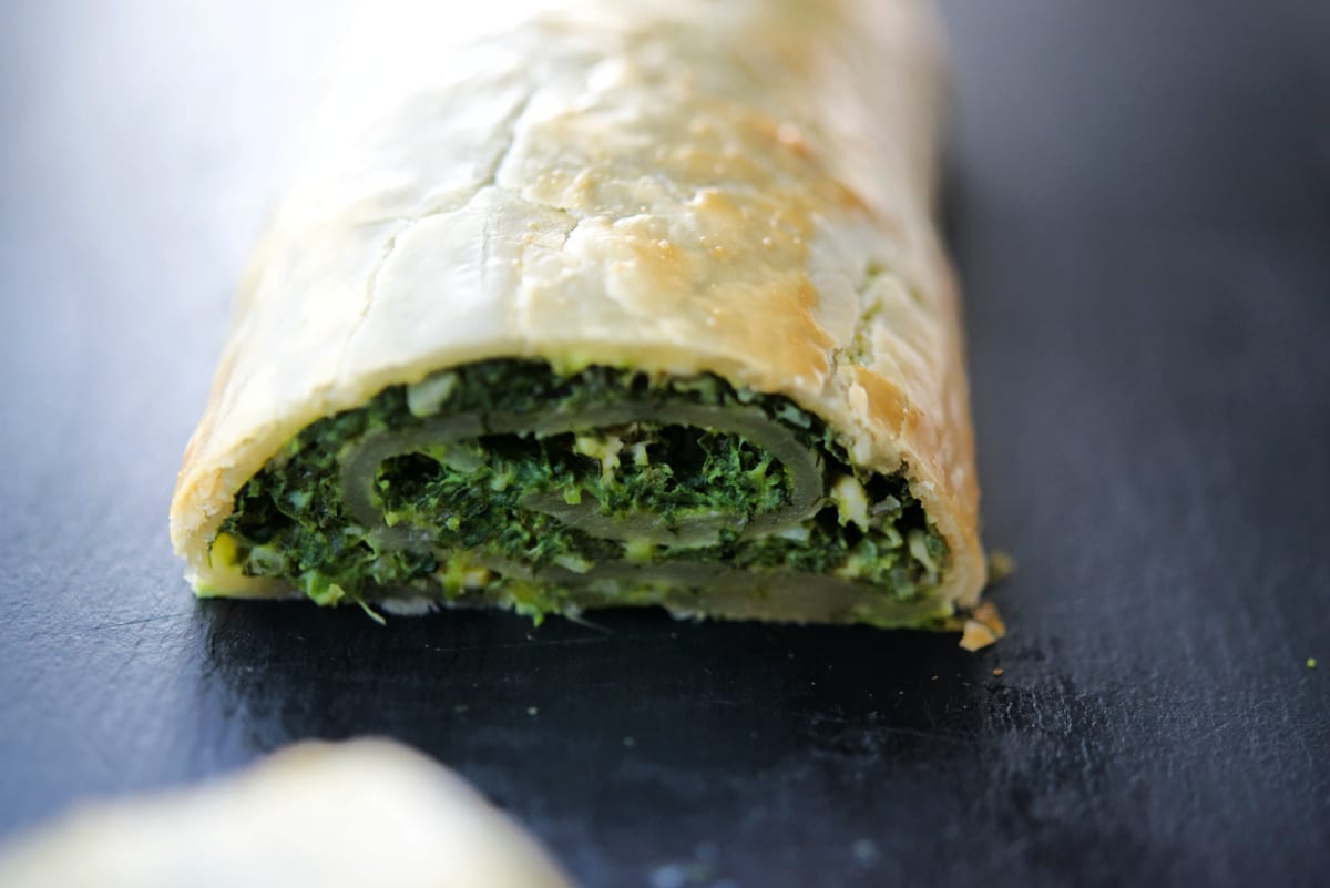 a close up of spinach strudel