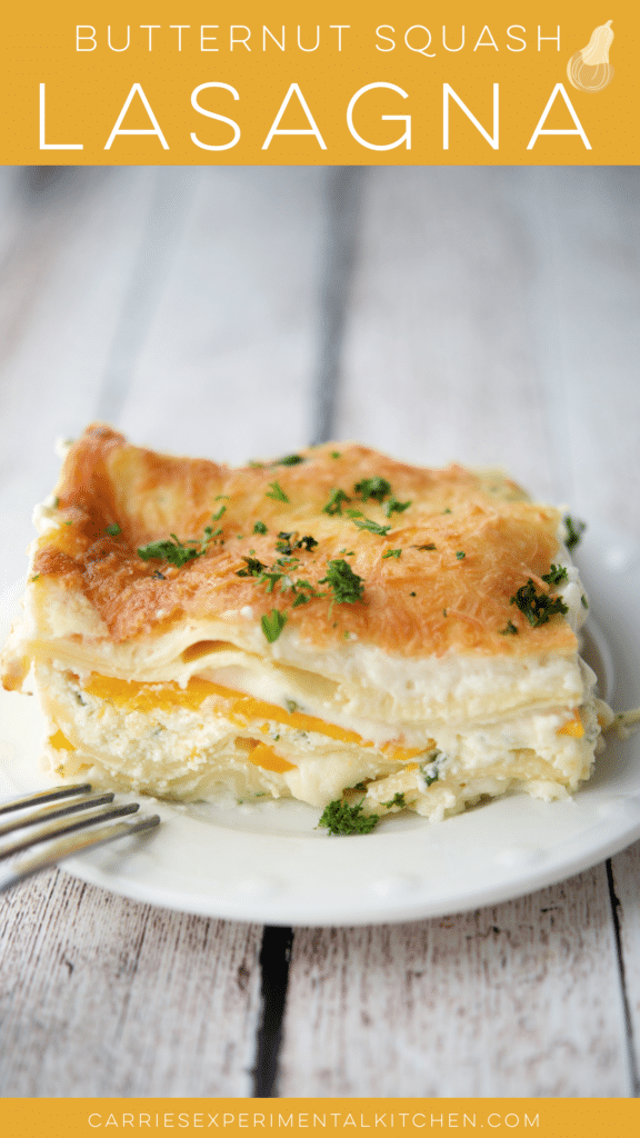 a slice of cooked butternut squash lasagna on a white dish