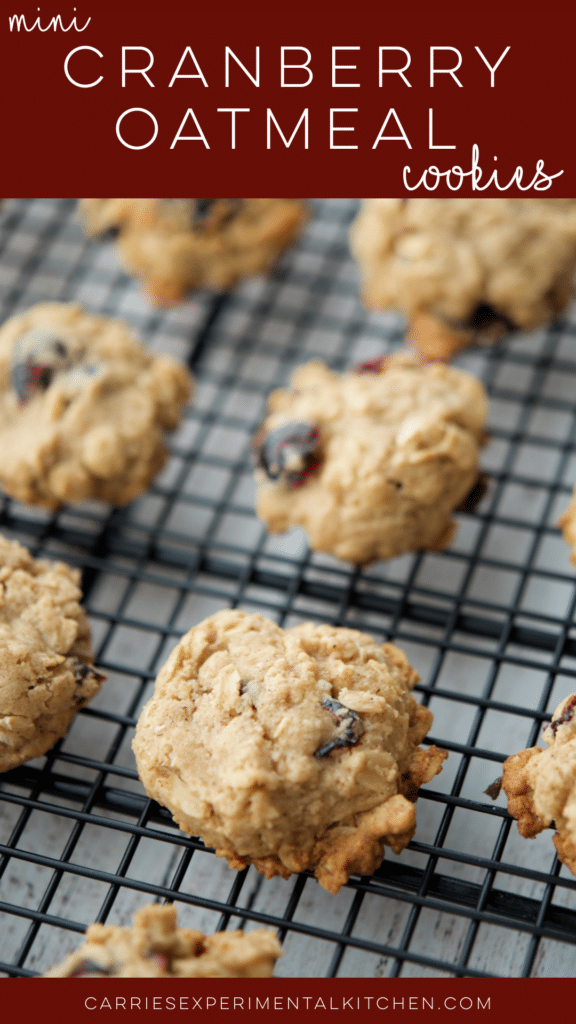 a close up of mini cranberry oatmeal cookies on a cooling rack