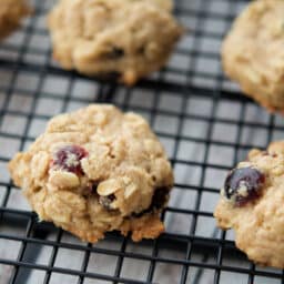 a close up of oatmeal cranberry cookies on a rack