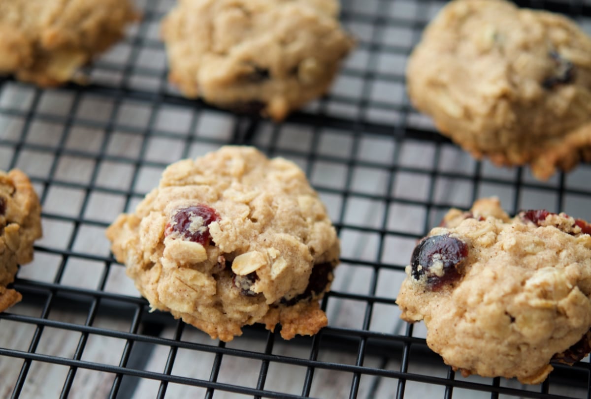 a close up of oatmeal cranberry cookies on a rack