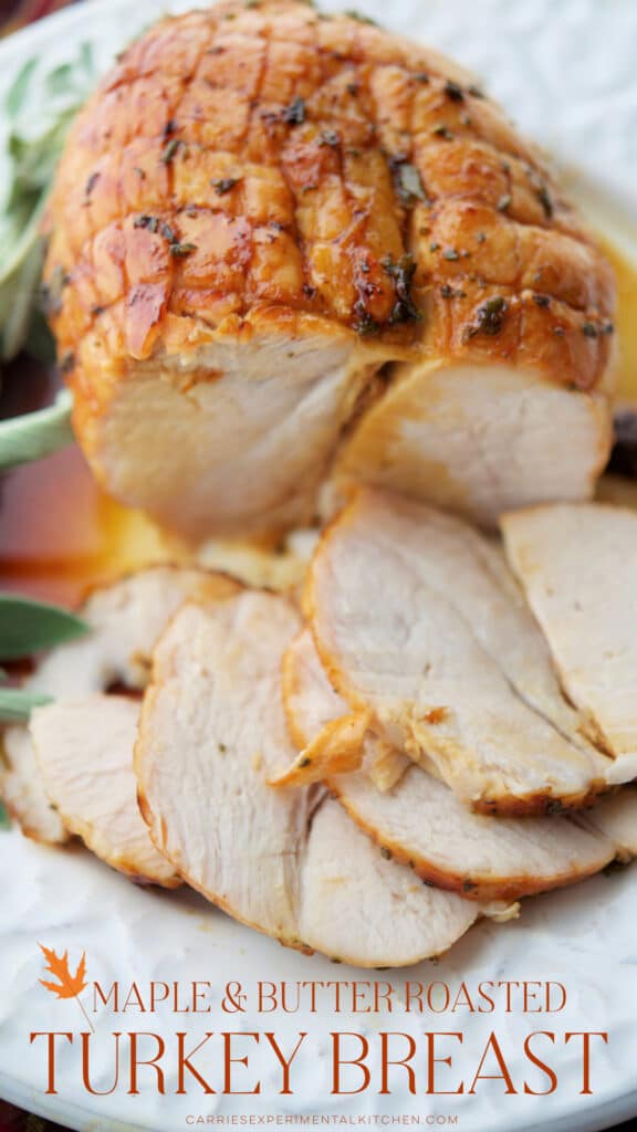 half carved maple butter roasted turkey breast on a white plate