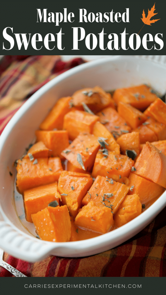maple roasted sweet potatoes in a white casserole dish