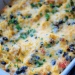 pico de gallo spaghetti squash casserole with chicken in a white dish