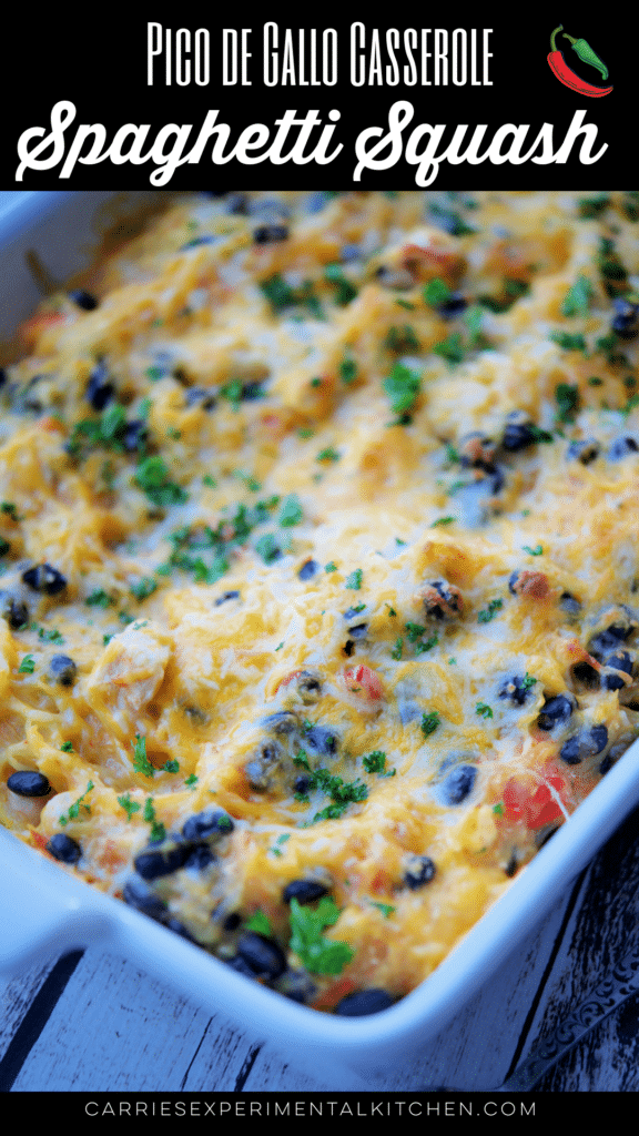 pico de gallo spaghetti squash casserole with chicken in a white dish