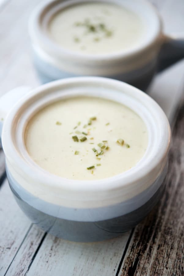 cheddar cauliflower soup in a crock