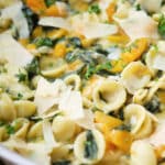 skillet meal with pasta, butternut squash and spinach
