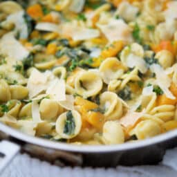 a close up of orecchiette pasta in a skillet