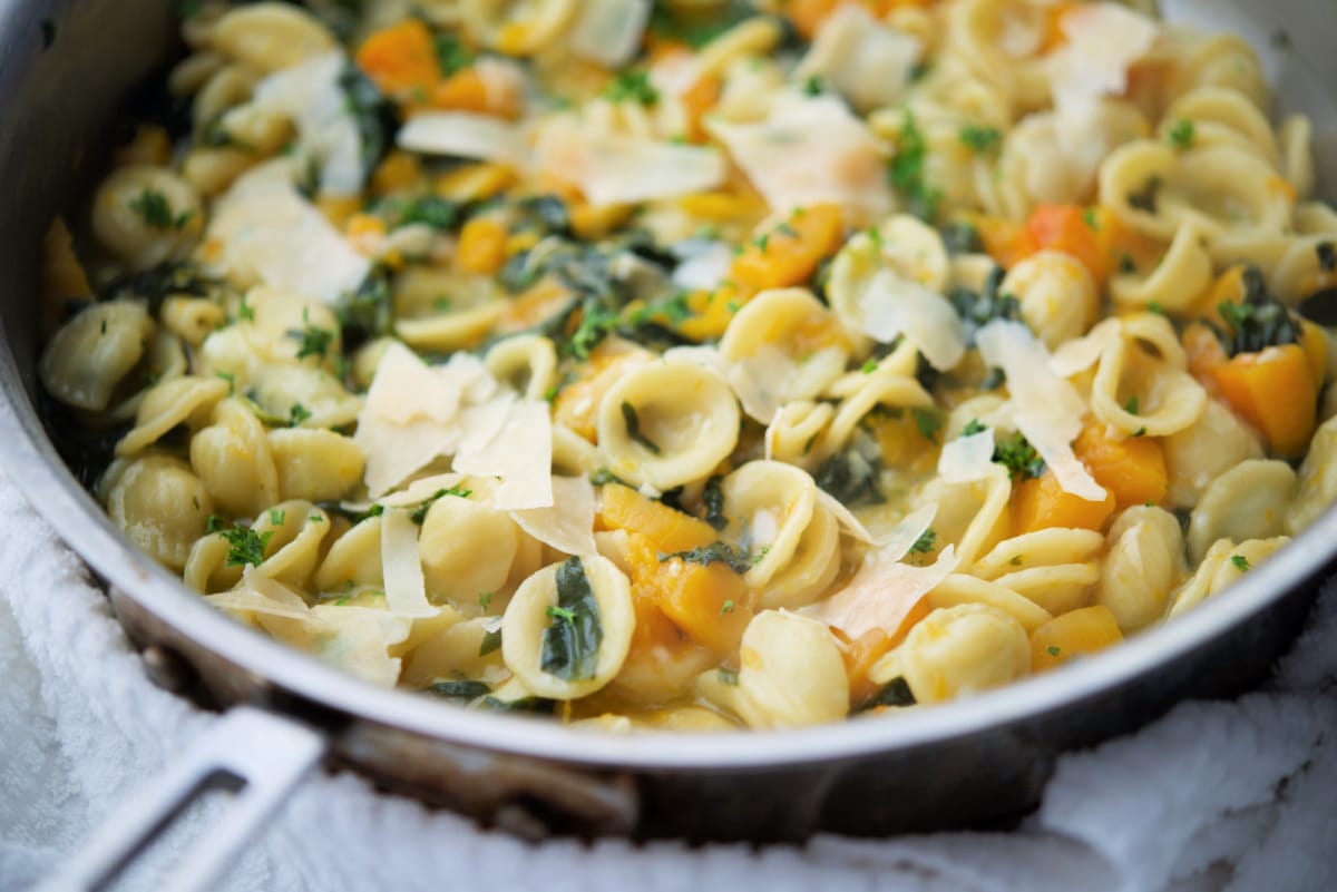 a close up of orecchiette pasta in a skillet