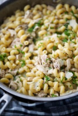 turkey piccata pasta in a skillet